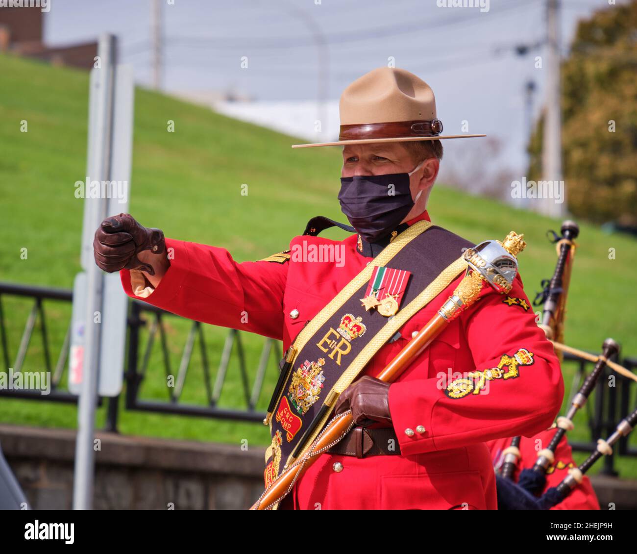 RCMP Band leader at head of Parade to ceremony for fallen Officers.  Halifax, Nova Scotia. October, 2021 Stock Photo