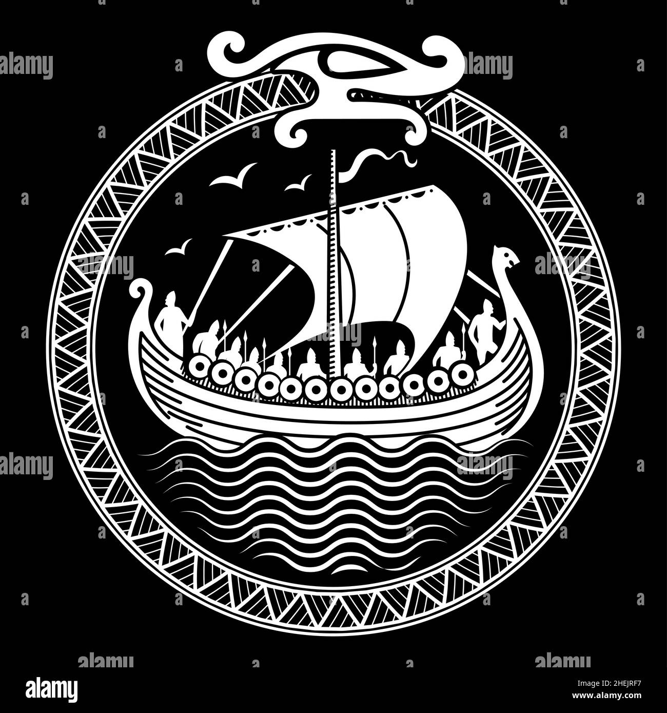 Design in Old Norse style. Viking warship Drakkar and World Serpent Jormungand Stock Vector