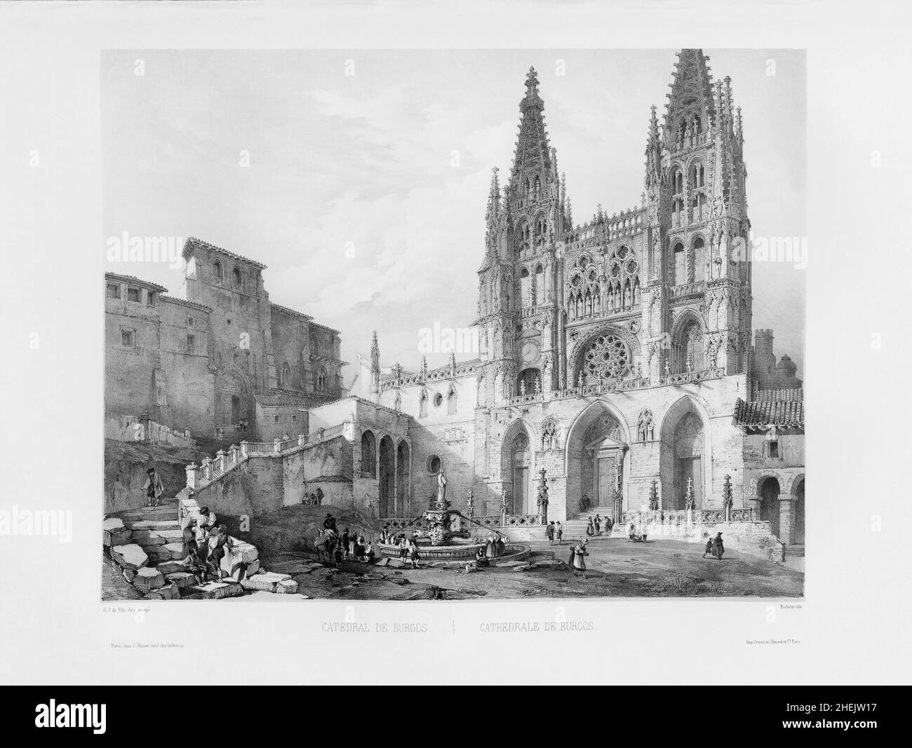 The main facade of the Gothic cathedral at Burgos, Burgos Province, Castile and Leon, Spain.  It was built during the 13th to 15th centuries and is a designated UNESCO World Heritage Site.  After a lithograph published in 1844 by Charles Claude Bachelier from a drawing by Genaro Pérez Villaamil y Duguet. Stock Photo