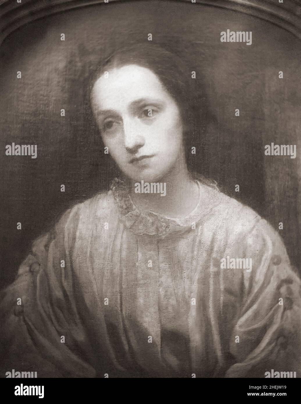 British photographer Julia Margaret Cameron, 1815 - 1879.  After a black and white photograph of a painting created circa 1850 by British artist George Frederic Watts. Stock Photo