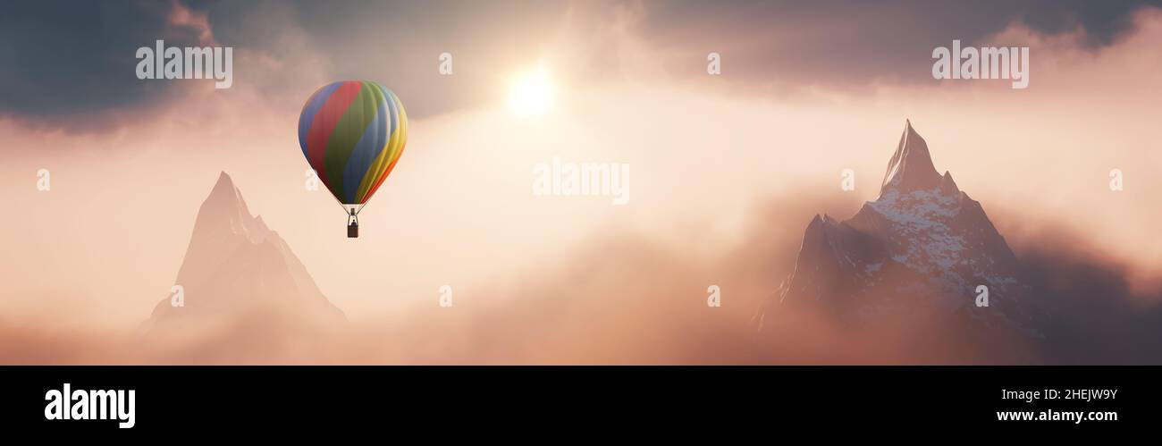 Hot Air Balloon flying over Dramatic Mountain Landscape covered in ...