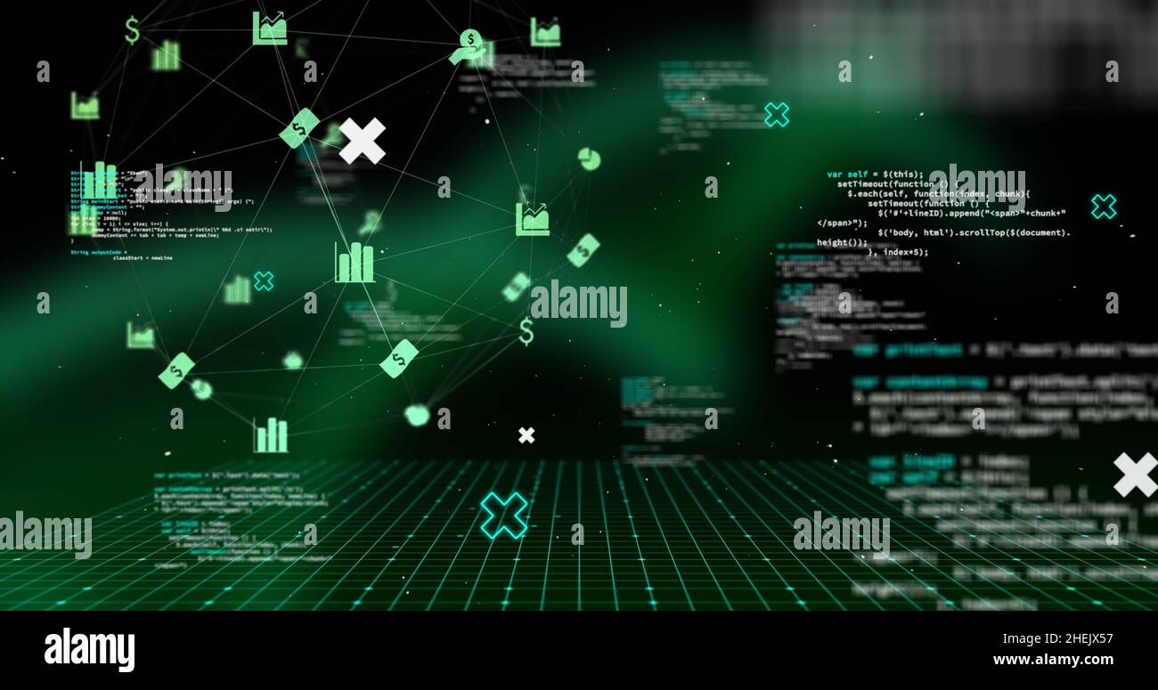 Image of data processing and media icons on black background Stock ...