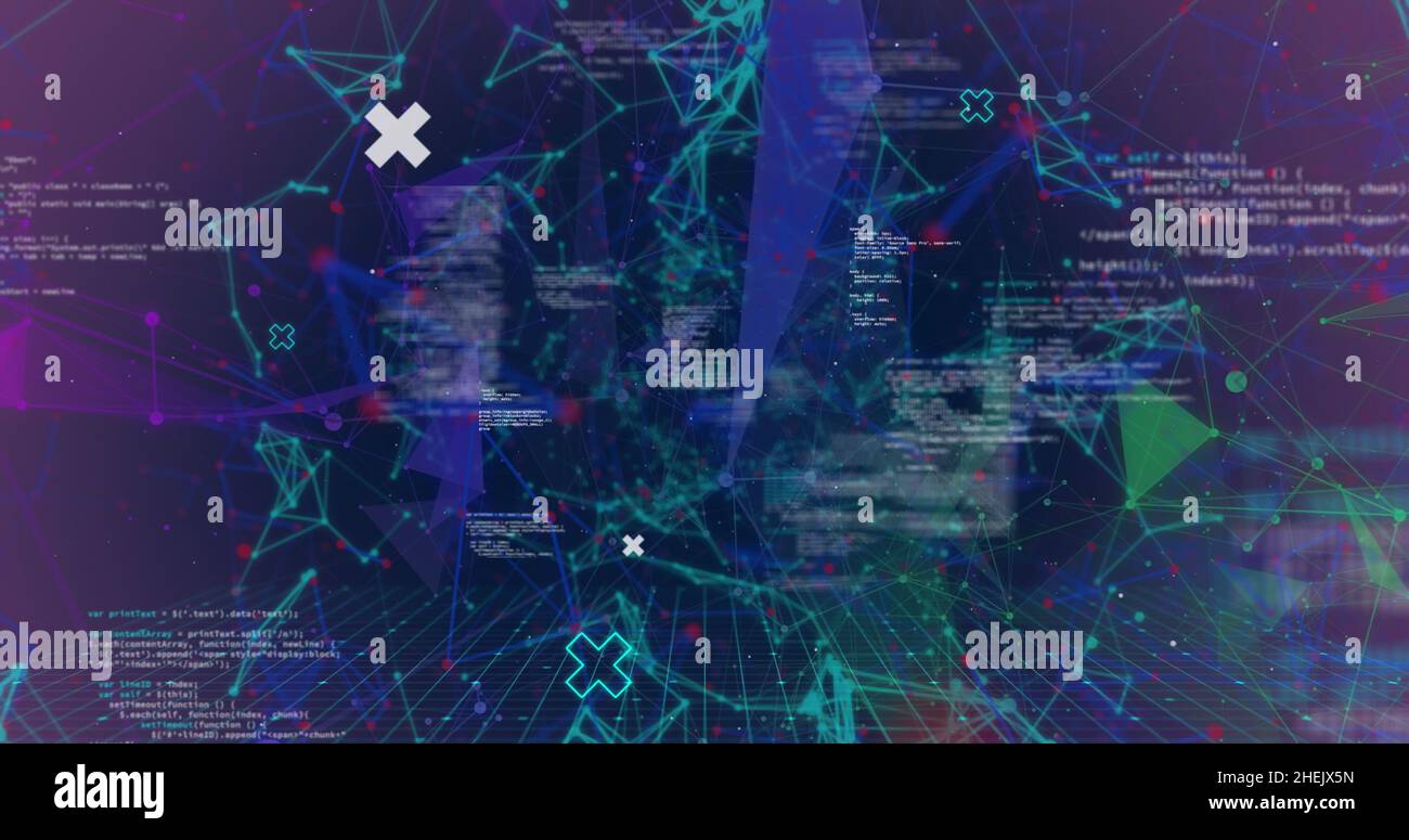 Image of data processing and shapes on black background Stock Photo - Alamy