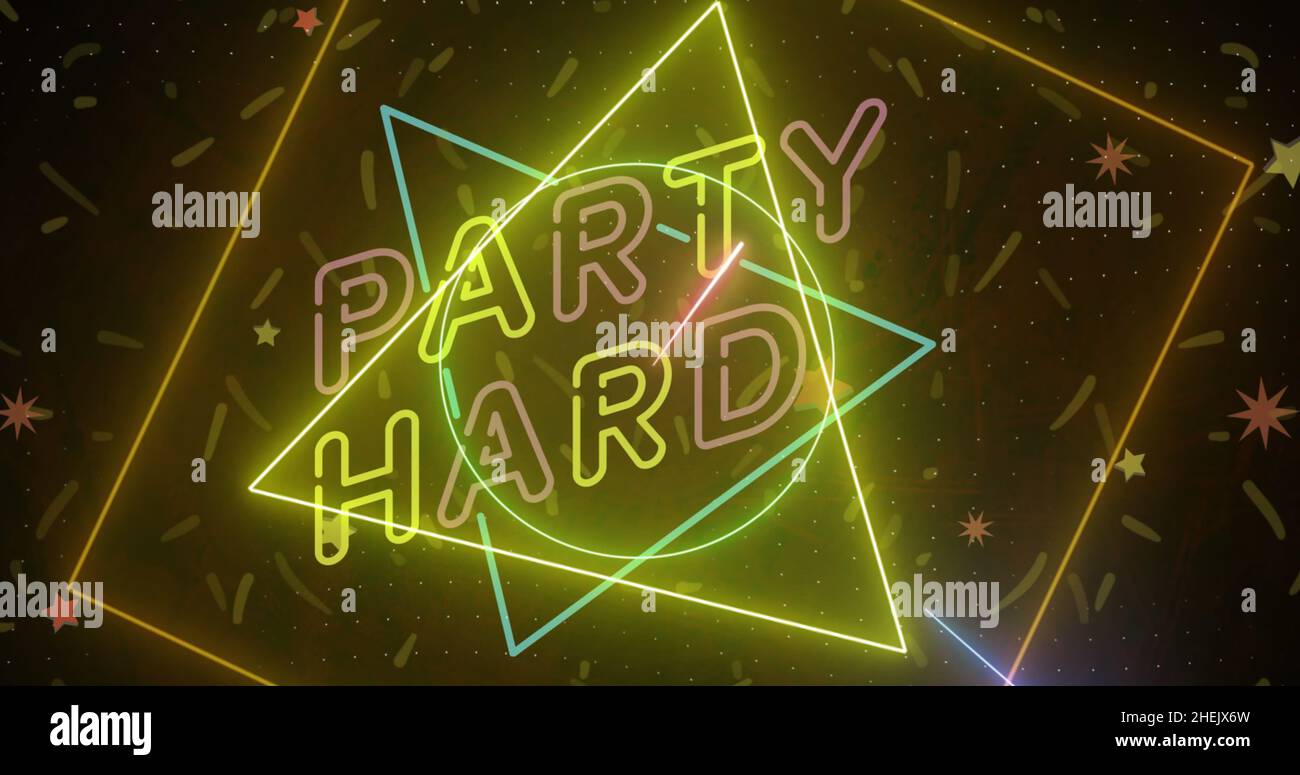 Image of party hard text in pink and yellow neon with confetti falling ...