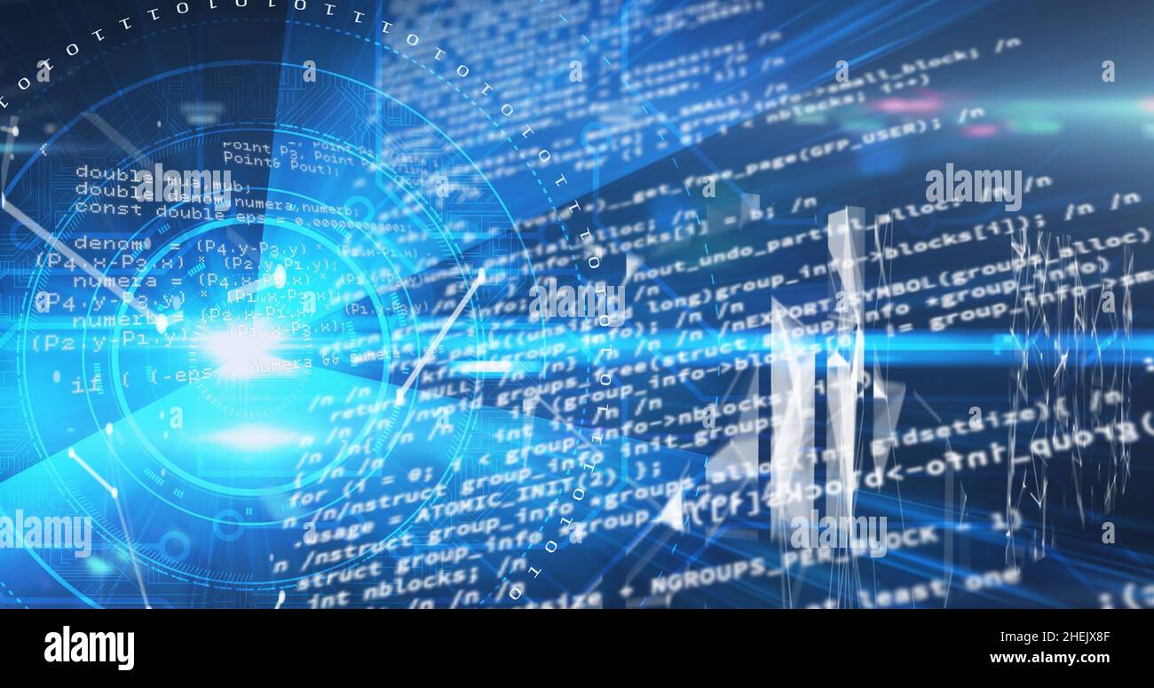 Image of data processing and shapes on black background Stock Photo - Alamy