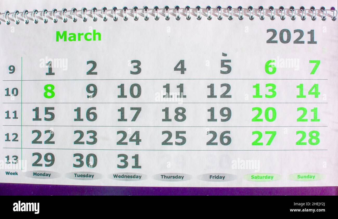 calendar-for-march-2021-wall-mounted-paper-calendar-top-view-stock