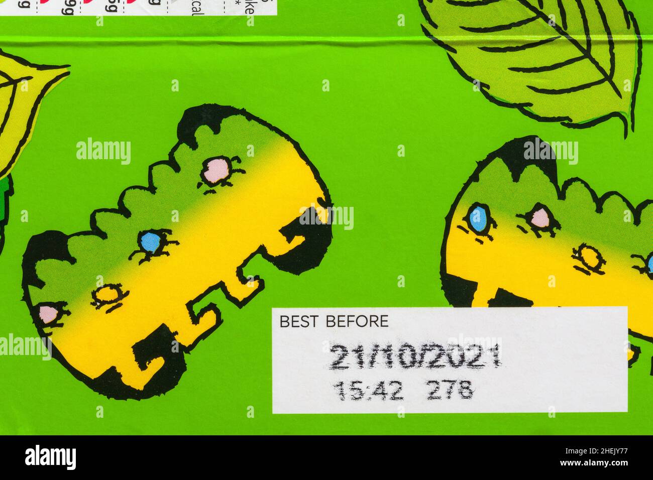 Best before date label on box of Marks & Spencer Colin the Caterpillar