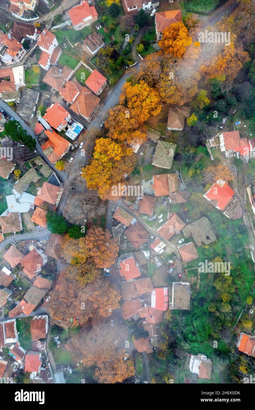 Aerial view (drone) of Metaxochori (literally "Silk Village"), Kissavos mountain, Municipality of Agia, Larissa, Thessaly, Greece. Stock Photo