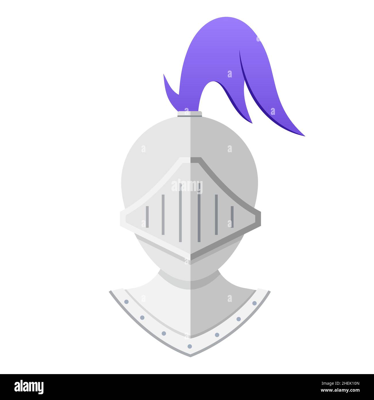 Knights helmet - modern flat design style single isolated object. Neat detailed image of iron armor with a large purple feather on its head. Medieval Stock Vector