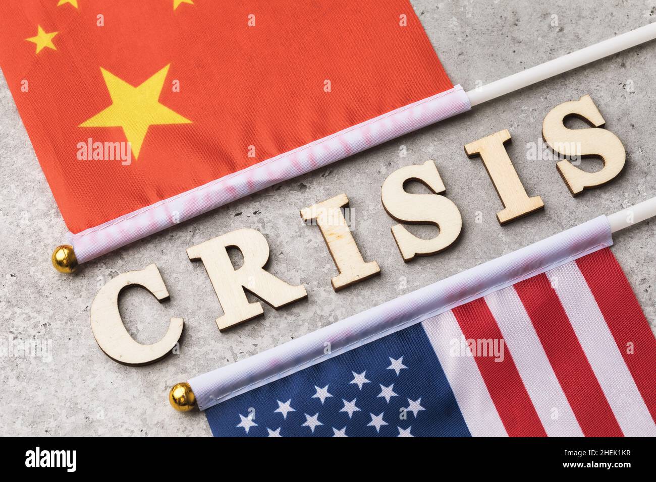 Text made from wooden letters and two flags, the concept of the crisis in relations between China and America Stock Photo