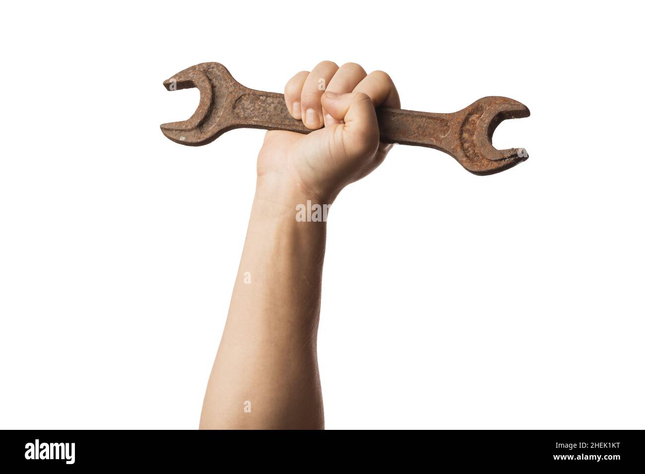 Hand holds rusty wrench isolated on white background, template for designers Stock Photo