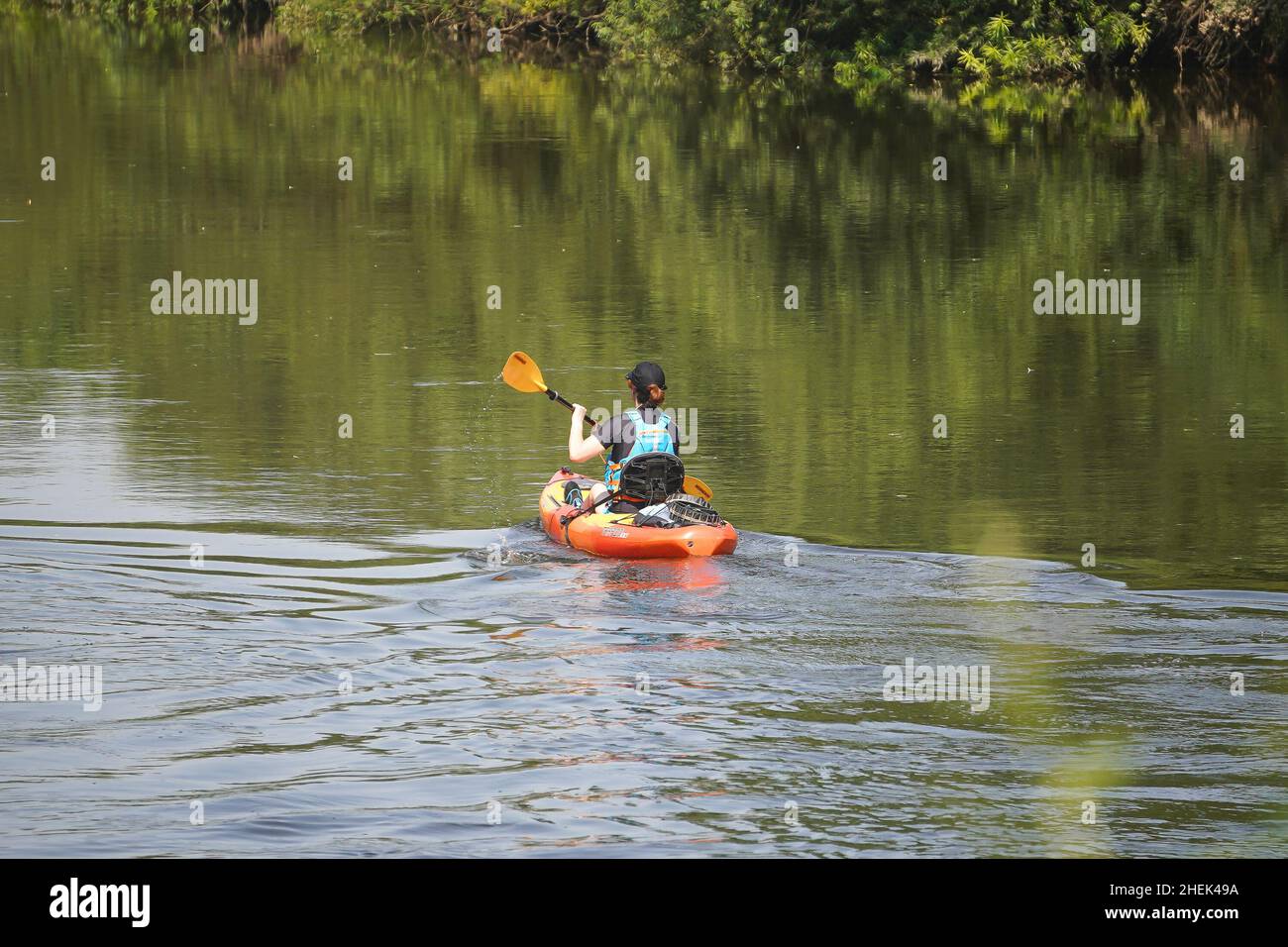 Rear view of isolated woman paddling kayak down the River Severn, UK. Stock Photo