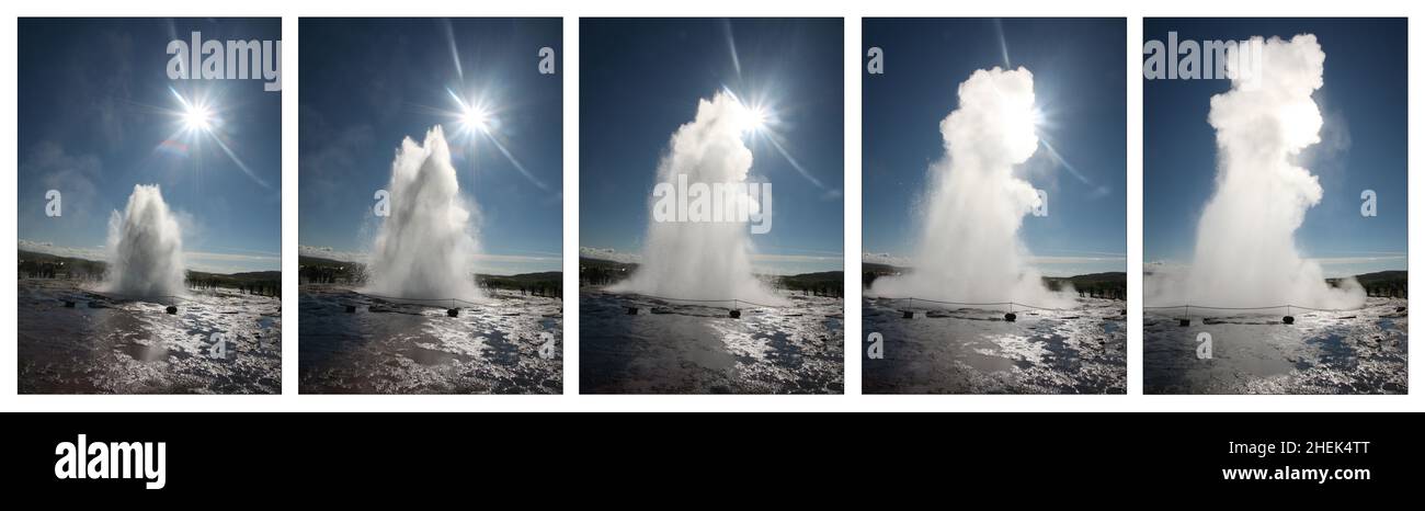 Strokkur geyser in Iceland - a timeline illustration. Stock Photo
