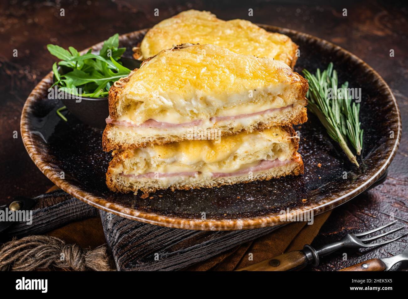 Croque Monsieur toasted sandwich with Cheese, Ham, Gruyere and Bechamel