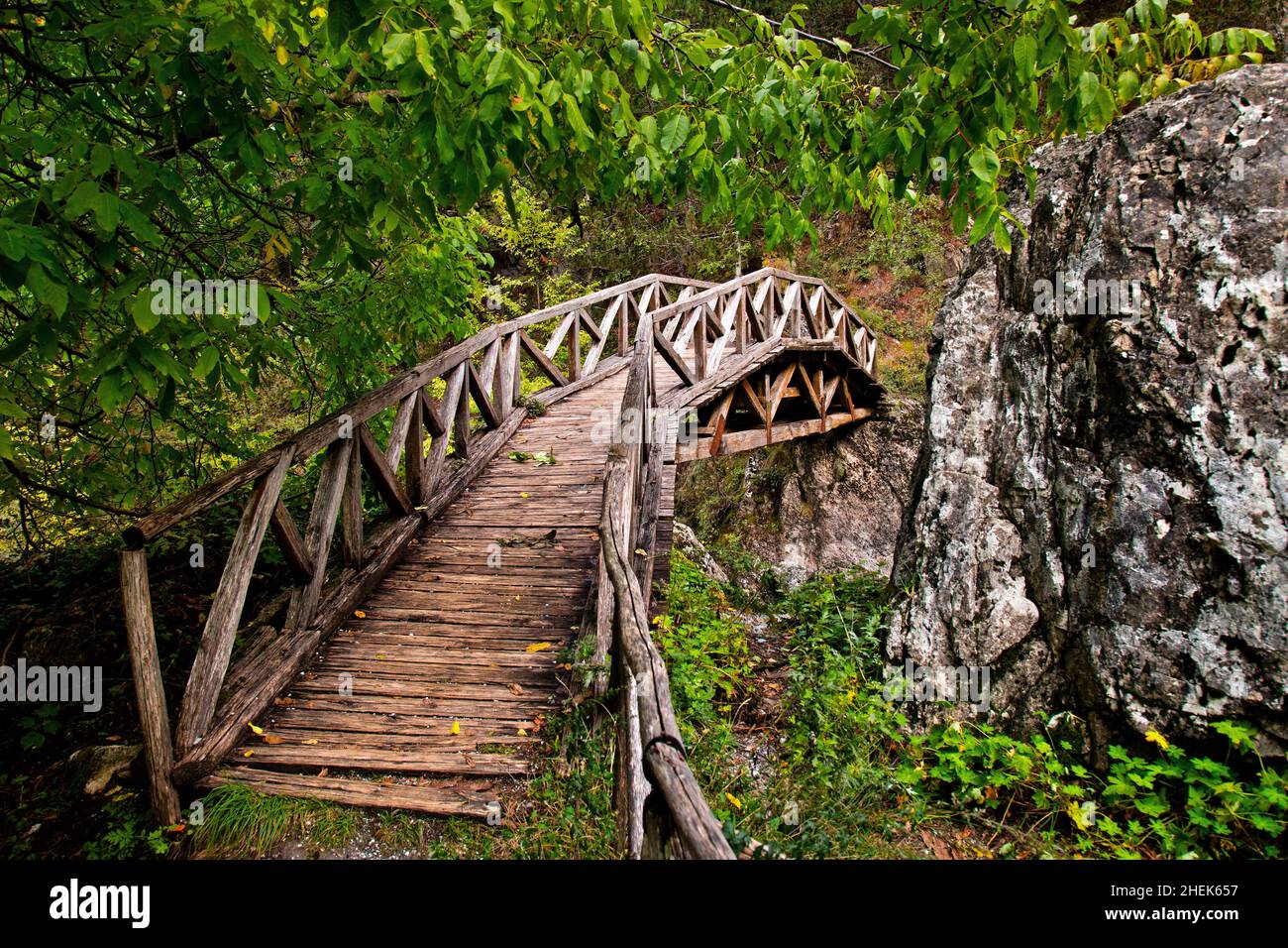 Wooden bridge  over Enipeas river, close to Prionia, Olympus mountain Pieria, Central Macedonia, Greece. Stock Photo