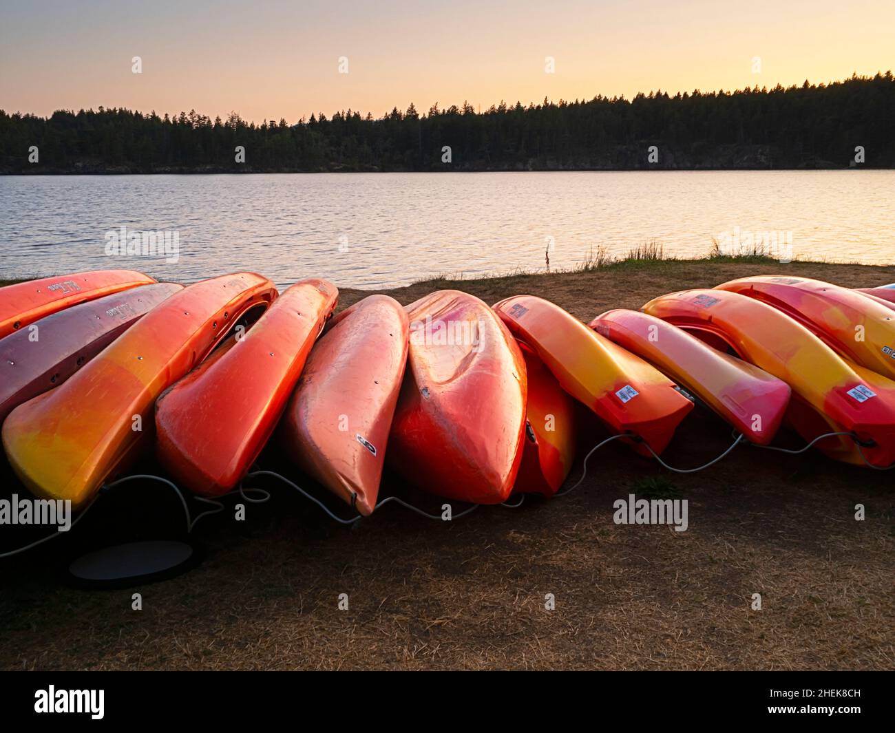 WA21055-00...WASHINGTON - Rental kayaks tied up for the night on the shores of Cascade Lake in Moran State Park on Orcas Island. Stock Photo