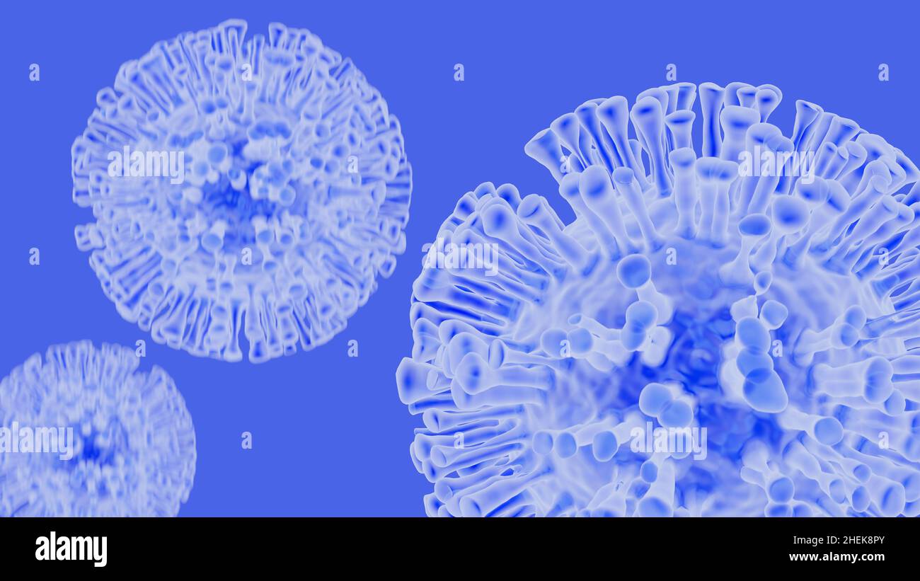 SARS-CoV-2 coronavirus concept in transparent blue. Microscope virus close up. 3d rendering with selective focus. Stock Photo