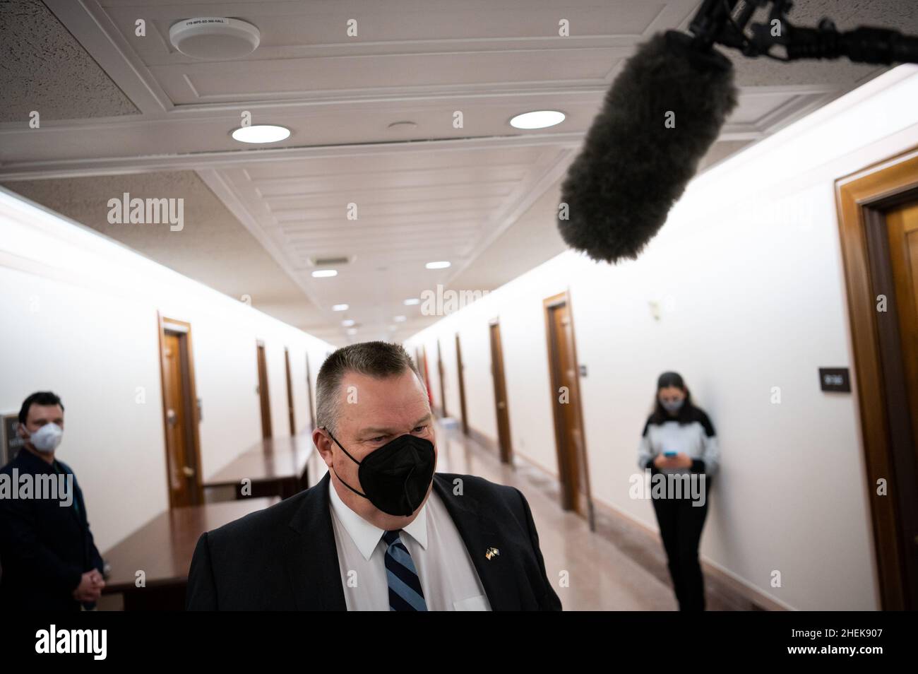 Senator Jon Tester (D-MT) speaks to media before a Senate Energy and Natural Resources Committee hearing on hydro power, at the U.S. Capitol, in Washington, D.C., on Tuesday, January 11, 2022. Today, President Biden will travel to Atlanta with a large continent of lawmakers to elevate the issue of voting rights, and make the case for reforming the filibuster. (Graeme Sloan/Sipa USA) Stock Photo