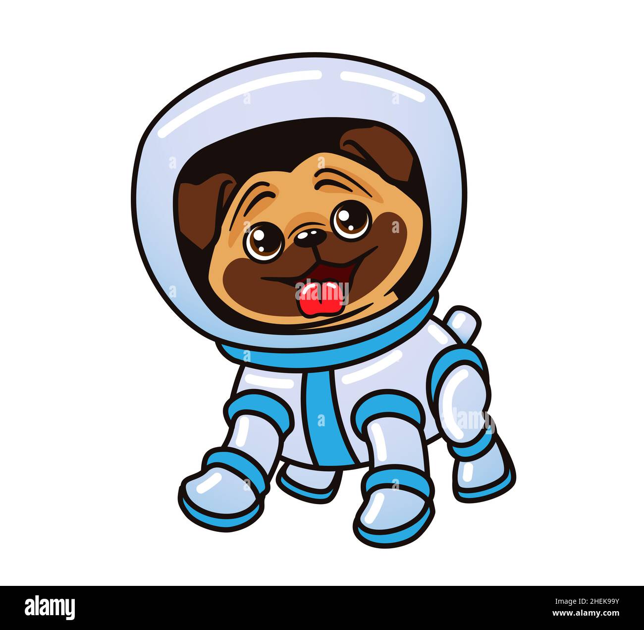 Cute little pug dressed in space suit, astronaut dog. Isolated vector illustration on white background. Stock Vector