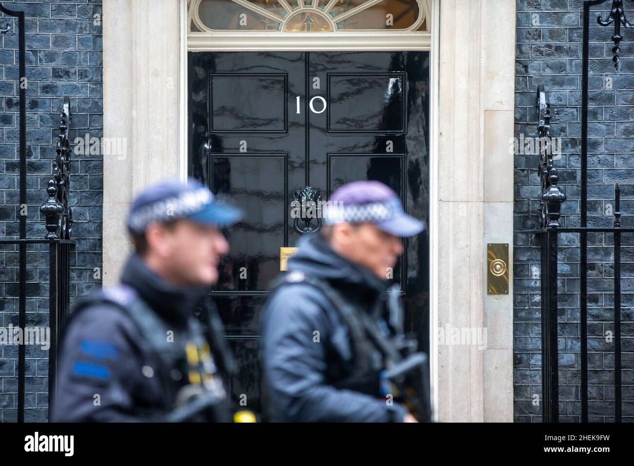 London, England, UK. 11th Jan, 2022. Two police officers are seen outside 10 Downing Street. British police investigate the allegations of Covid-19 rules breach in Downing Street after a leaked email revealed that Prime Minister Â Boris Johnson's principal private secretary Martin Reynolds invited more than 100 staff to bring their own drinks to Number 10's garden during first lockdown on May 20, 2020. (Credit Image: © Tayfun Salci/ZUMA Press Wire) Stock Photo