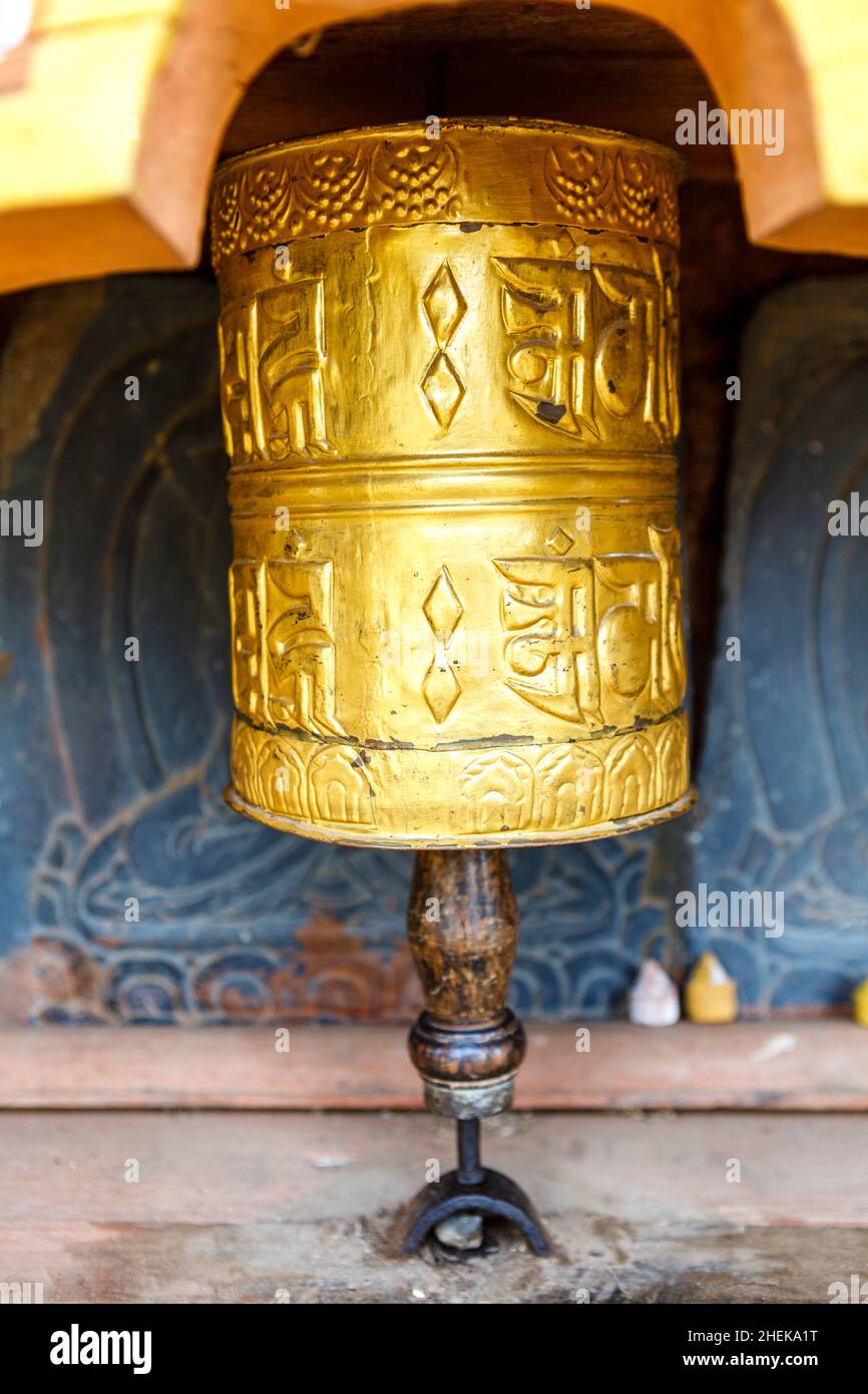 Prayer wheels at  Chimi Lhakhang monastery close to Punakha, Bhutan, Asia Stock Photo