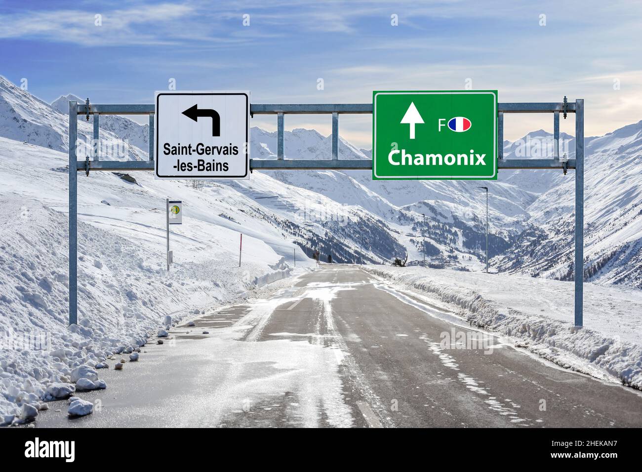 France ski town Saint-Gervais-les-Bains and Chamonix road big sign with a lot of snow and mountain sky Stock Photo
