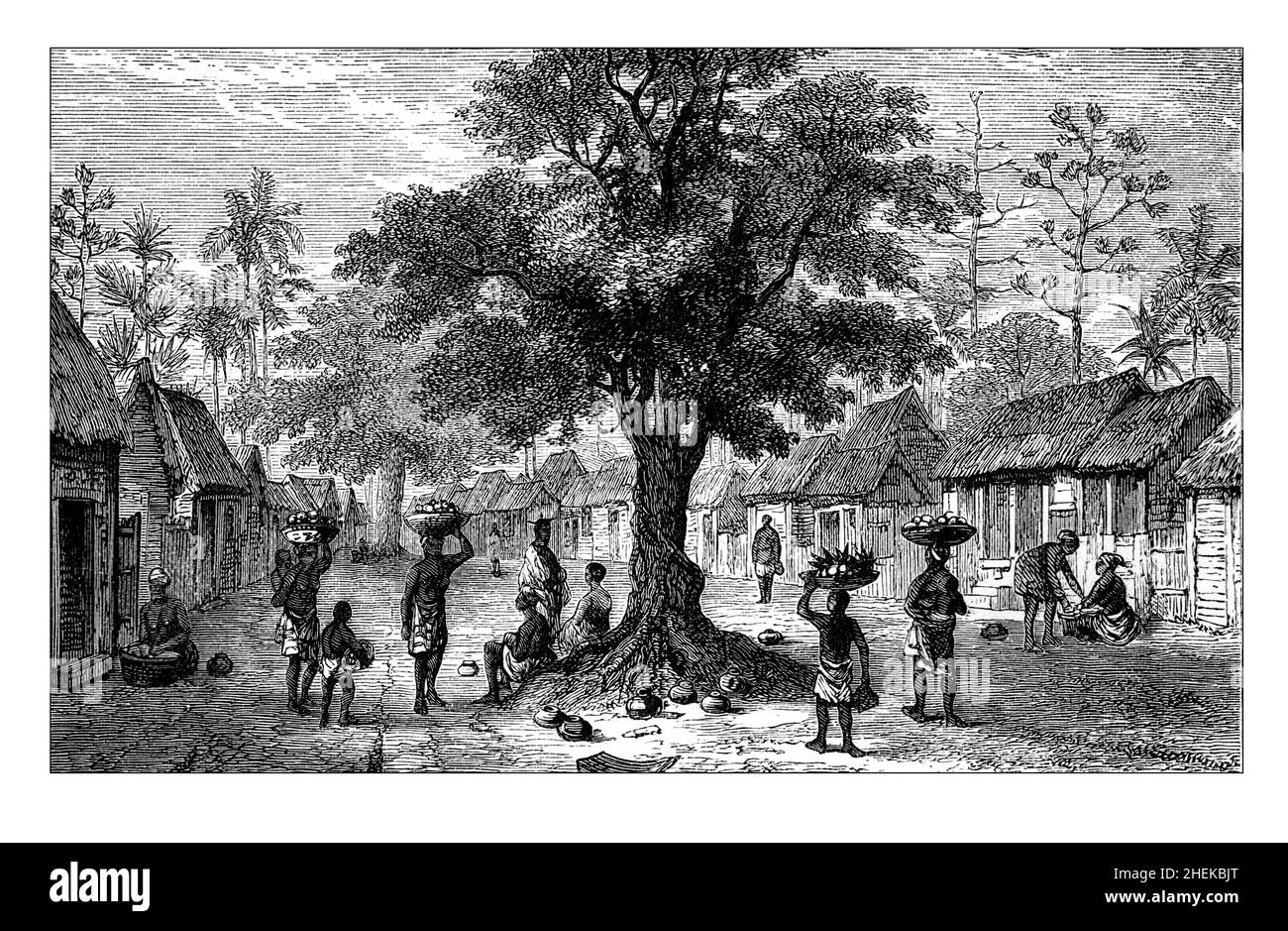 African village and Palaver tree, line illlustration from Central Africa, Japan and Fiji published in 1882 by Hodder & Stoughton, London Stock Photo