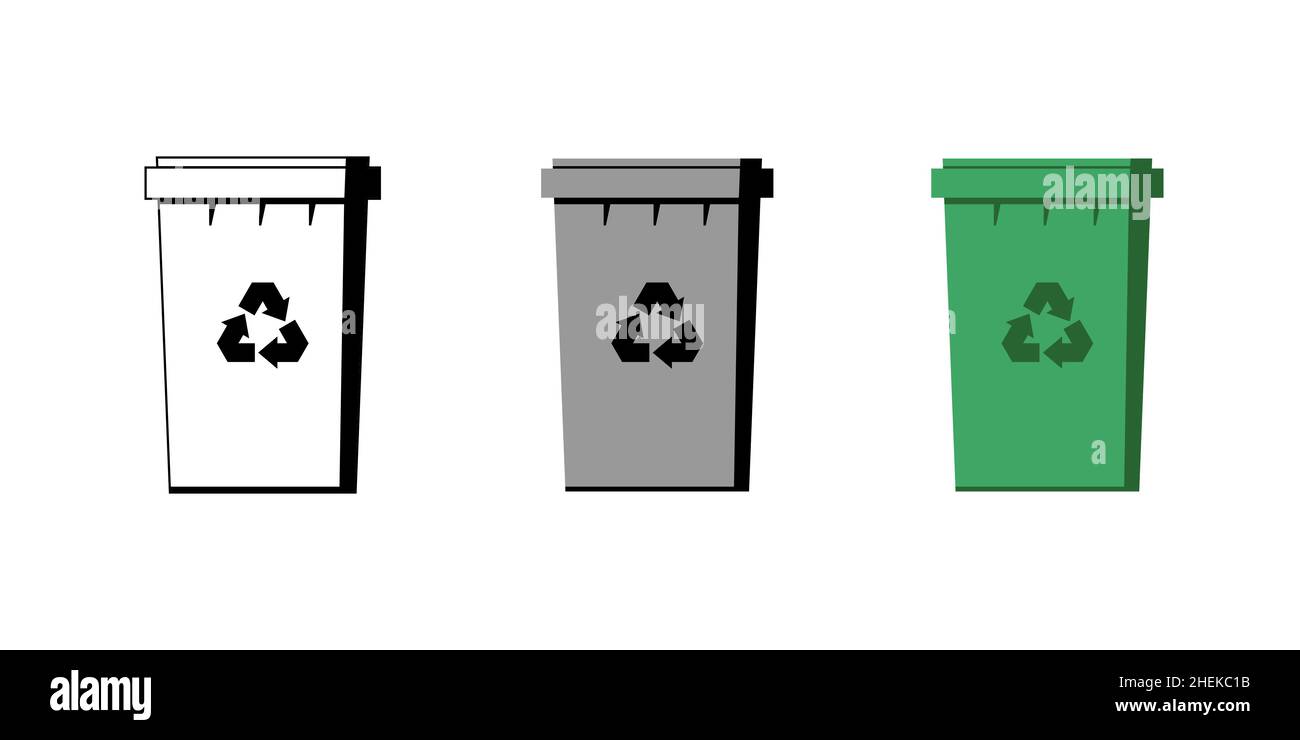 Trash sorting grey, black and green containers set. Garbage bins with