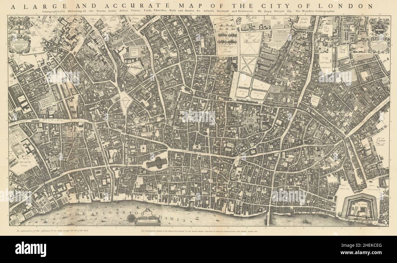 The City of London circa 1676, after John Ogilby. 55x92cm 1908 old antique map Stock Photo