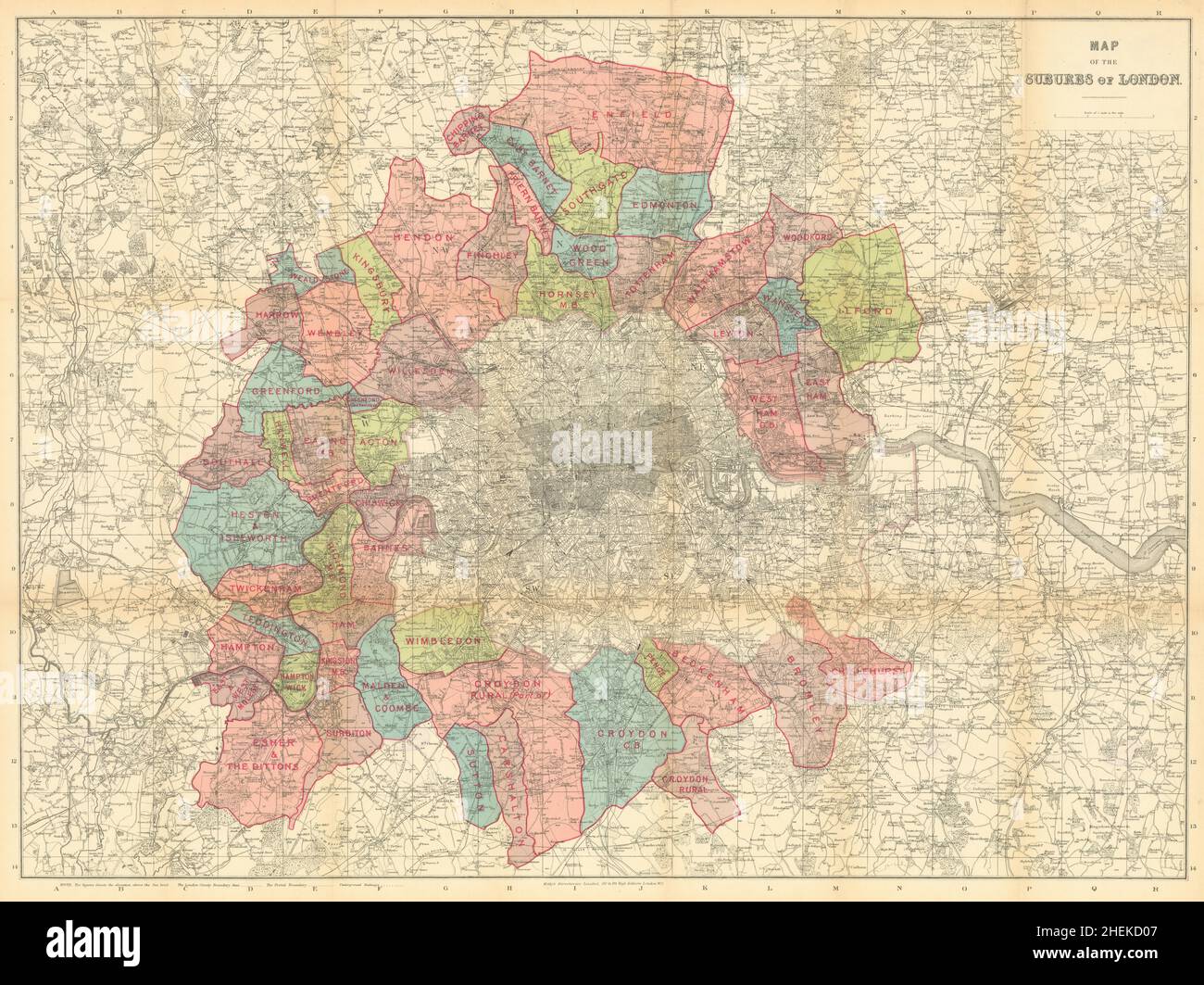 Map of the Suburbs of London. 56x74cm. Kelly's Directories 1904 old Stock Photo