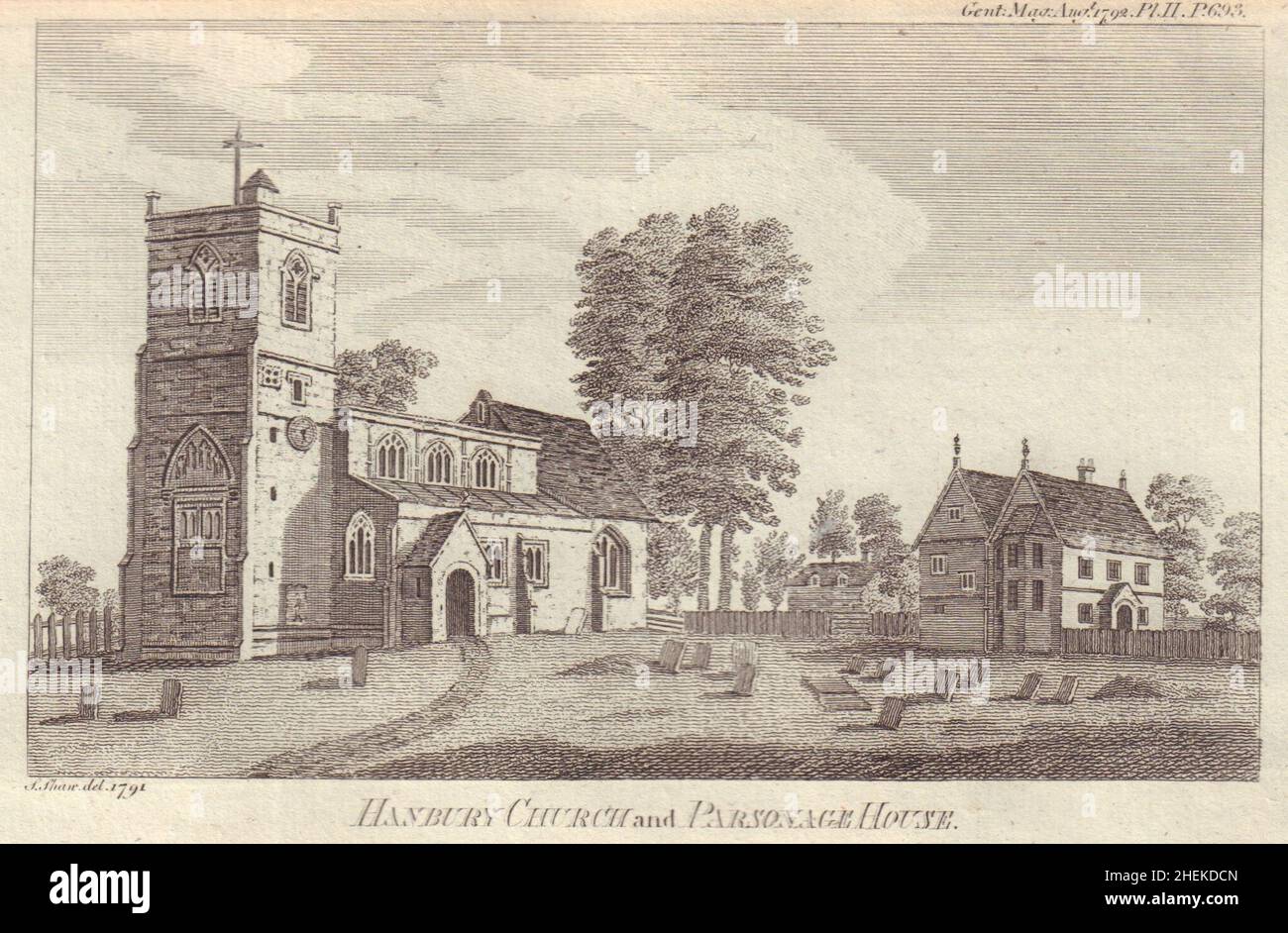 View of the Hanbury Church and parsonage house, Staffordshire 1792 old print Stock Photo