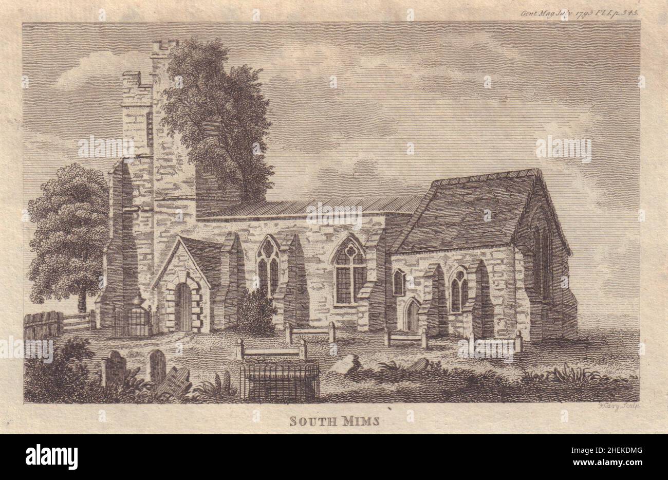 View of St Giles Church, South Mimms, Hertfordshire 1795 old antique print Stock Photo