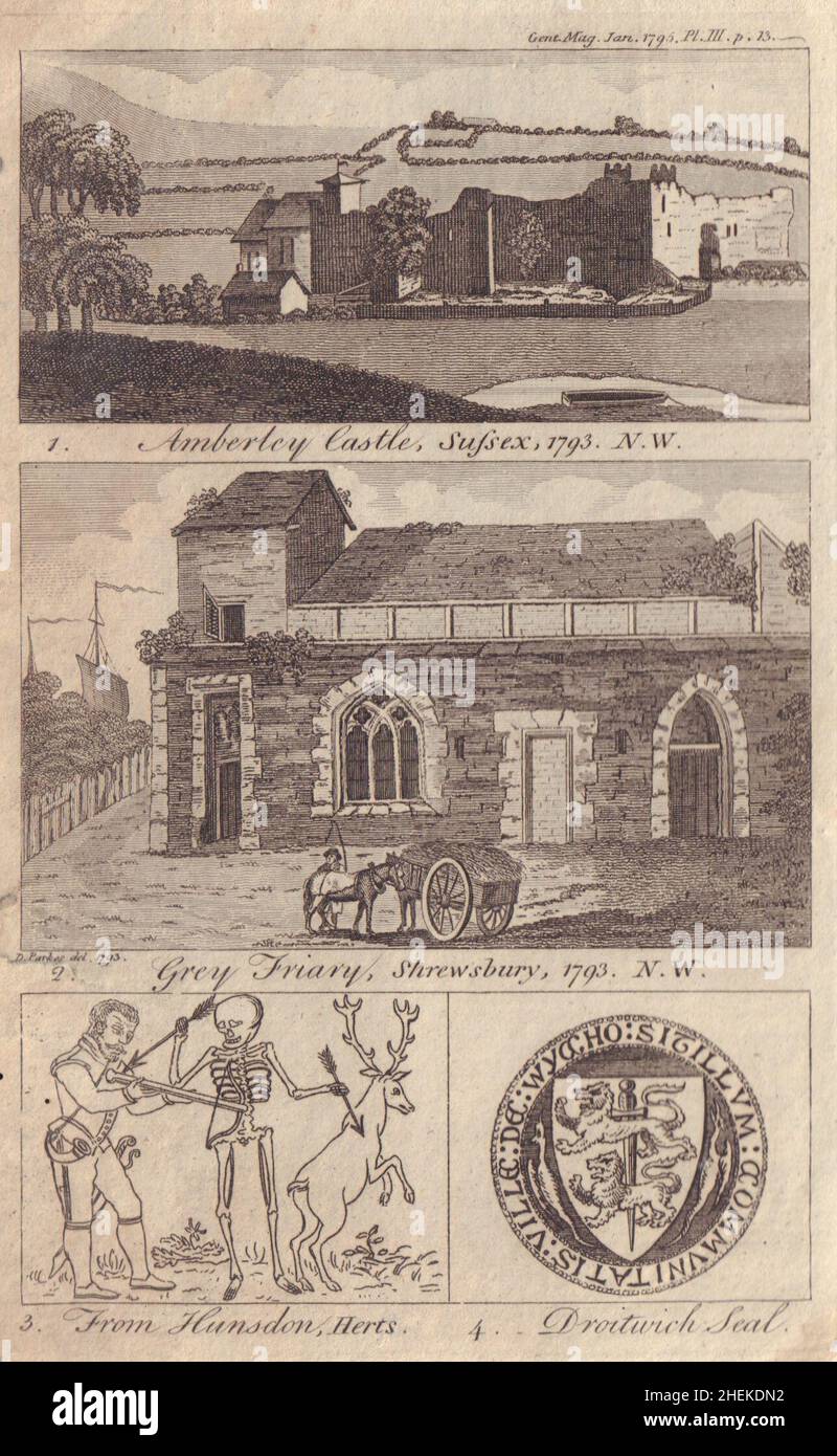 Amberley Castle remains, Sussex. Greyfriars, Shrewsbury, Shropshire 1795 print Stock Photo