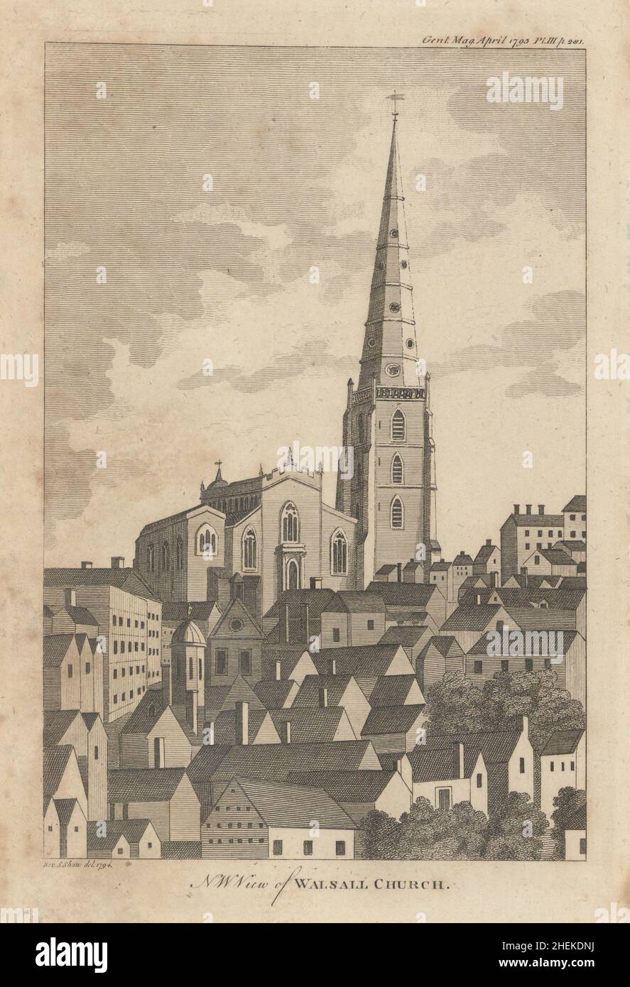 St Matthew's Church and part of the town of Walsall, Staffordshire 1795 print Stock Photo