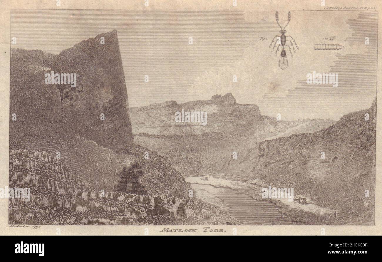 View of Matlock High Tor, Derbyshire. The blight insect 1795 old antique print Stock Photo