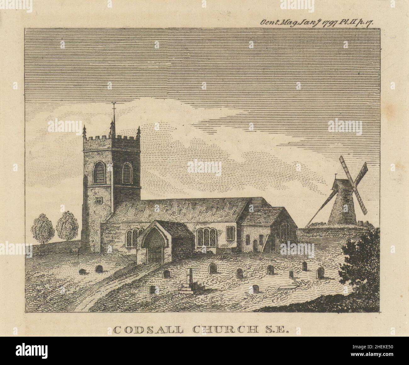 View of St Nicholas Church, Codsall, Staffordshire 1797 old antique print Stock Photo