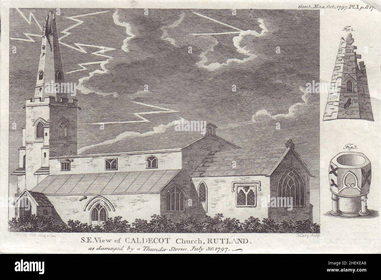 View of Caldecot St John Church, Rutland damaged by thunderstorm in 1797 1797 Stock Photo