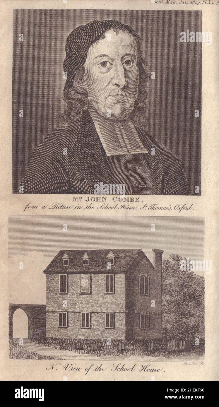 Portrait of John Combe. View of his former school house, Combe House