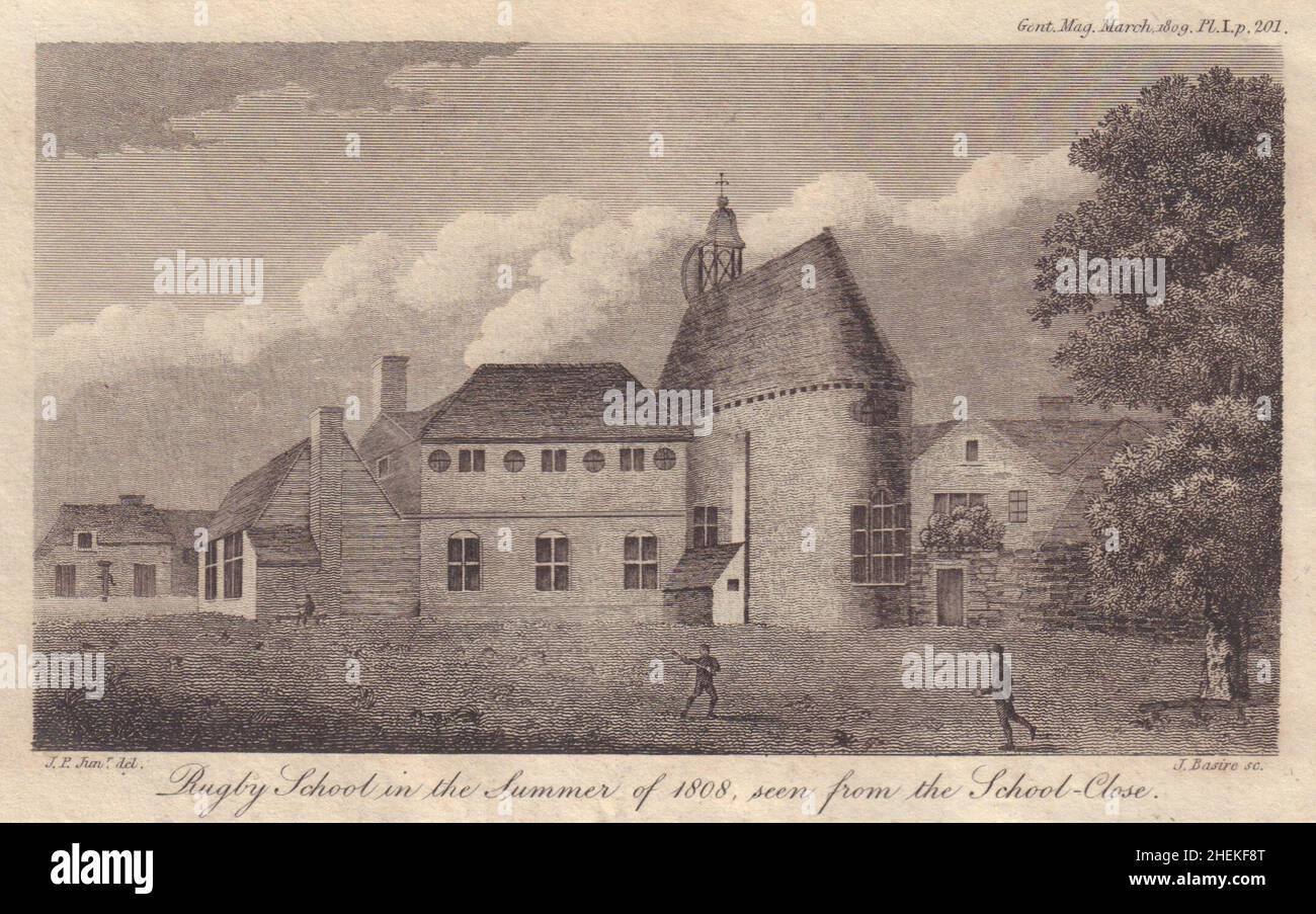 Rugby School from the Close in the summer of 1808. Warwickshire 1809 old print Stock Photo