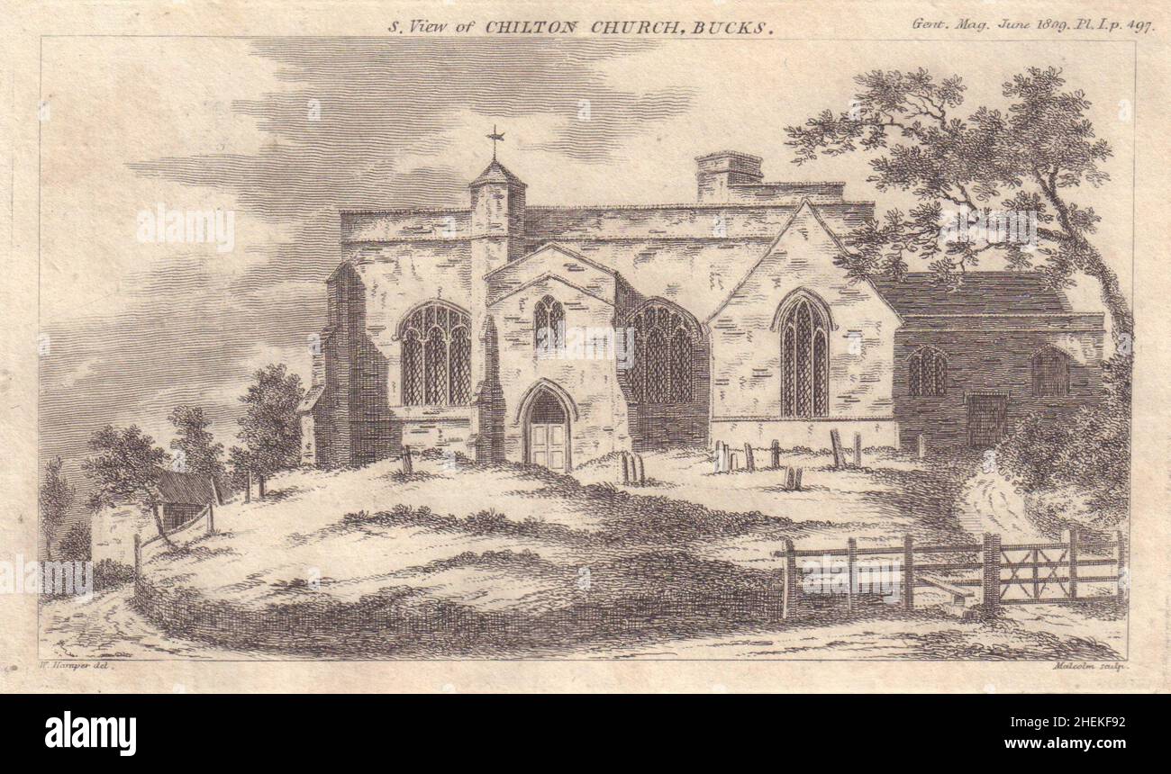 View of St Mary the Virgin Church, Chilton, Buckinghamshire 1809 old print Stock Photo