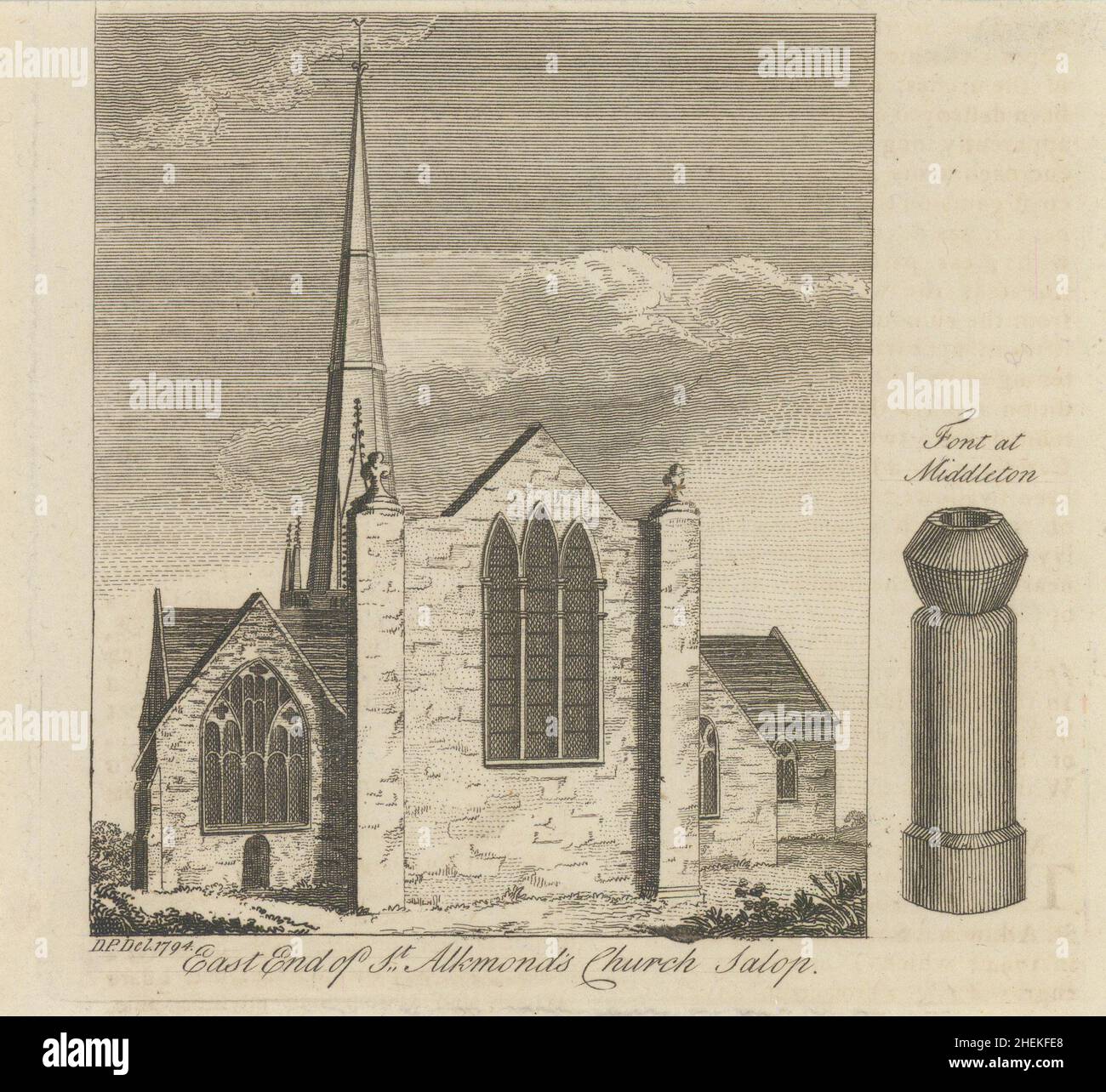 View of St Alkmund's Church Shrewsbury, Shropshire. Circular font 1796 print Stock Photo