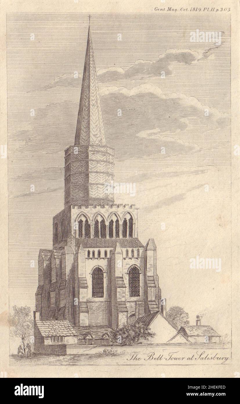 Salisbury Cathedral Bell Tower, Wiltshire 1819 old antique print picture Stock Photo