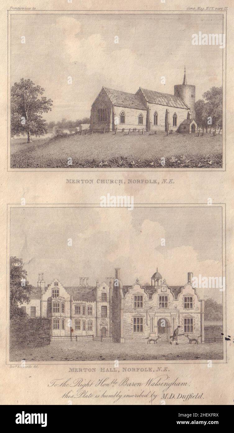 Views of St Peter's Round Tower Church & Merton Hall, Merton, Norfolk 1825 Stock Photo
