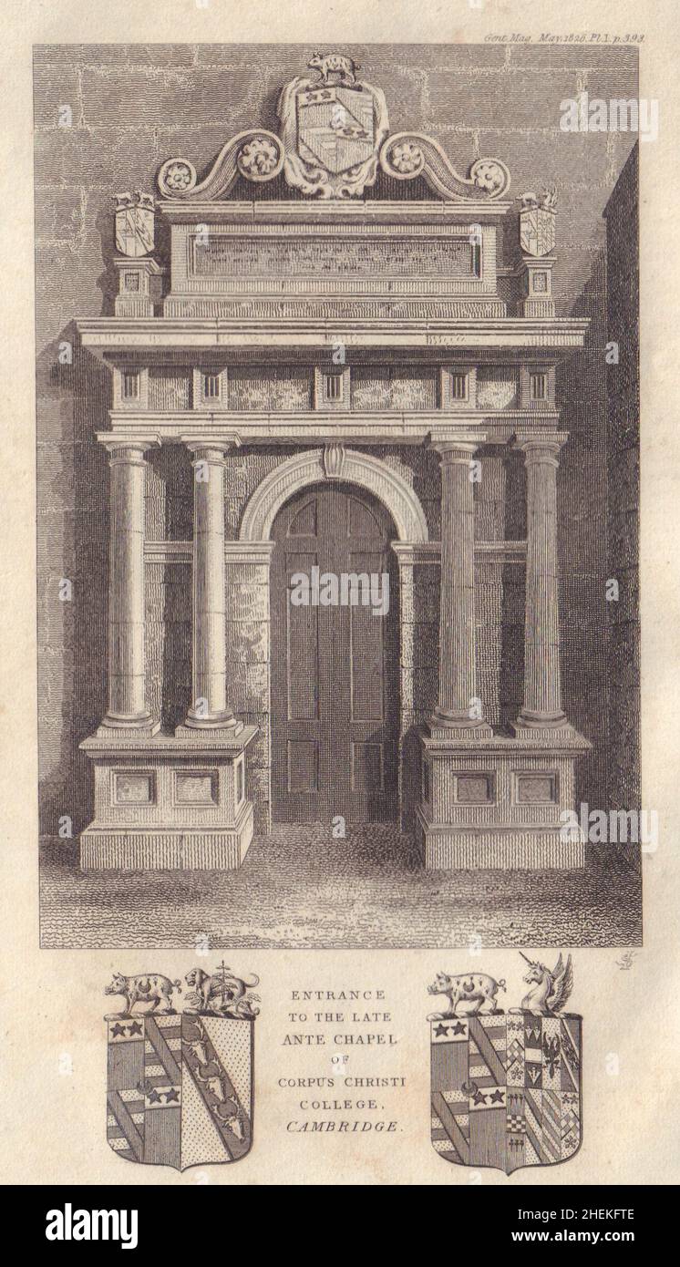 Entrance to late Ante Chapel of Corpus Christi College, Cambridge 1826 print Stock Photo