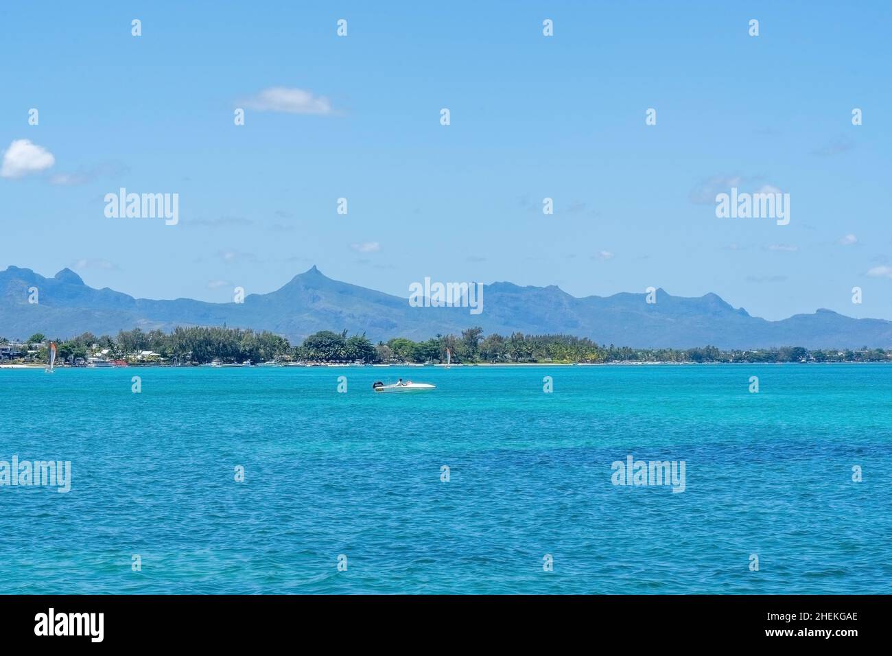 Mauritius Island, sea water and island mountains view. Turquoise water, tropical vacance. High quality photo Stock Photo