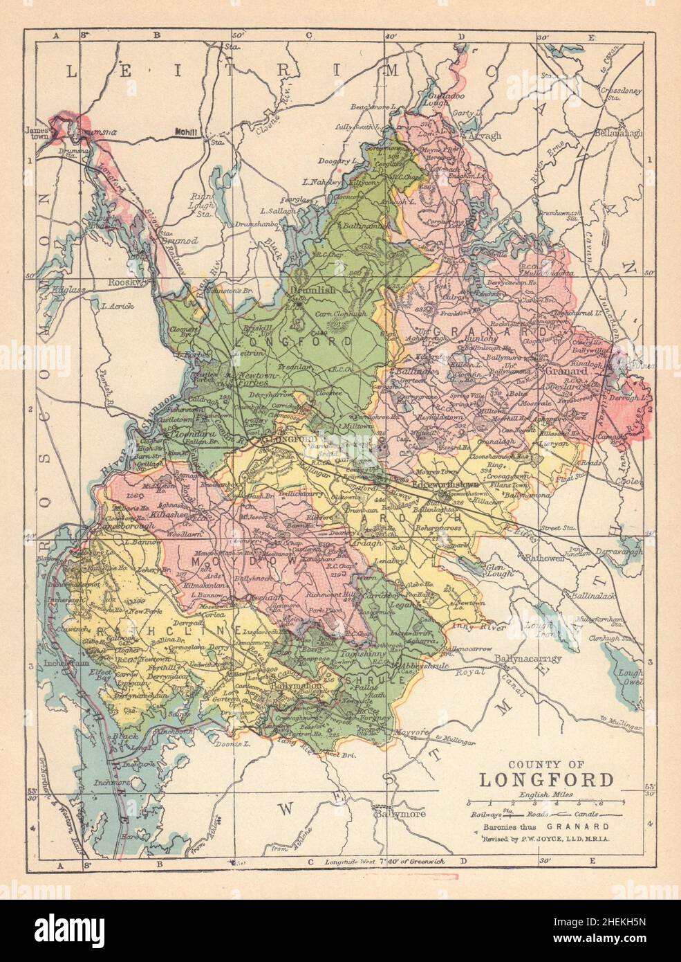 COUNTY LONGFORD antique map. Leinster. Ireland. JOYCE 1905 old Stock Photo