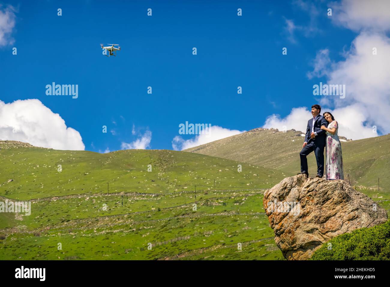 Drone takes pictures of a couple near Almaty, Kazakhstan Stock Photo