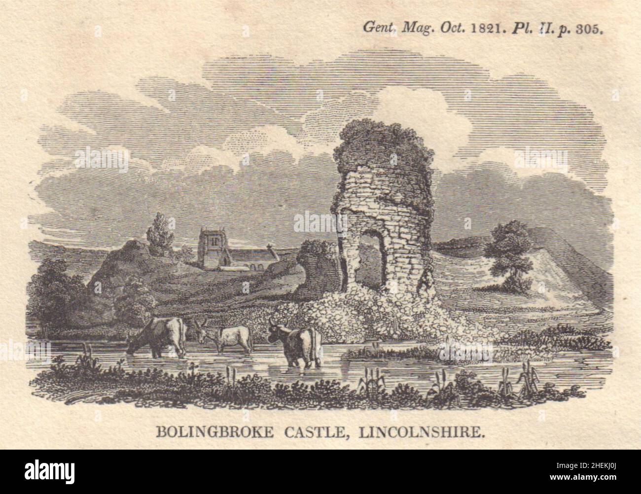 Bolingbroke Castle & St Peter & St Paul church, Lincolnshire. SMALL 1821 print Stock Photo
