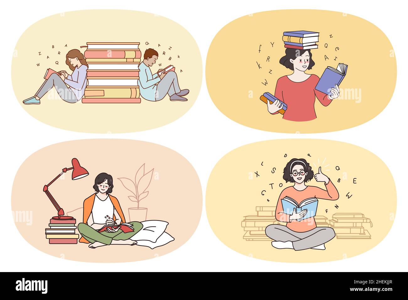 Learning from books and education concept. Set of young smiling people students pupils reading