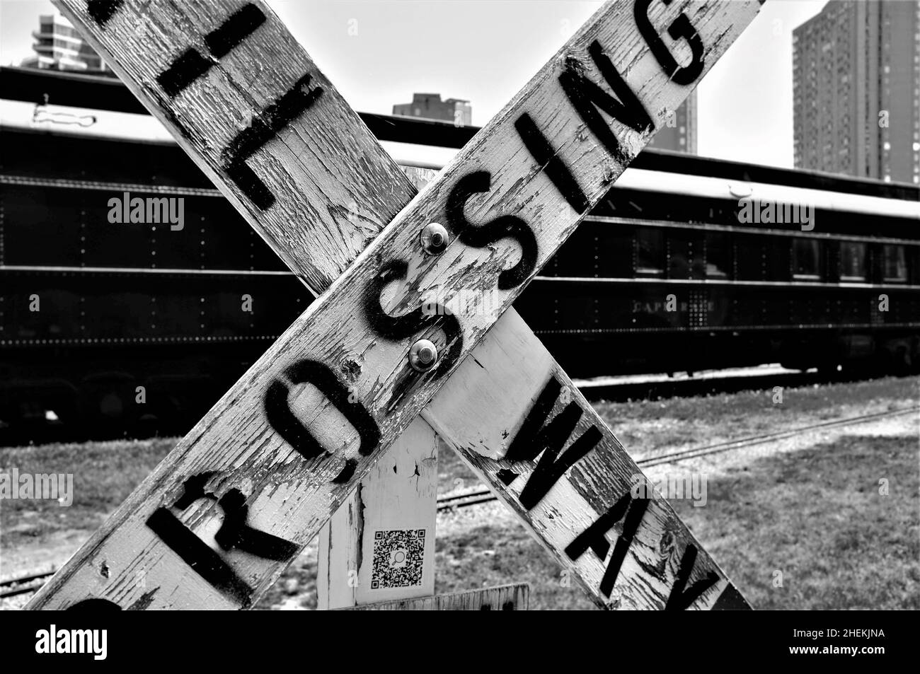 Crossing Railway old weatherd sign Stock Photo
